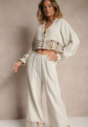 Beżowy Komplet z Bawełny z Ażurowymi Wstawkami Bluzka i Spodnie Paladorea. Brązowe bluzki Renee, z aplikacjami, z bawełny, eleganckie, bez kołnierzyka, bez ramiączek. W wyprzedaży za 167.99 zł.