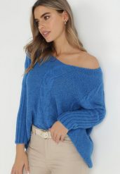 Niebieski Sweter Vedera. Niebieskie swetry Born2be, uniwersalny, bez wzorów, z dzianiny, bez ramiączek. W wyprzedaży za 155.99 zł.