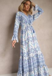 Niebieska Sukienka z Wiskozą o Rozkloszowanym Kroju z Falbanami w Etniczny Print Korimira. Niebieskie sukienki Renee, na co dzień, l, bez wzorów, z wiskozy, eleganckie, bez kołnierzyka, bez ramiączek, maxi, kopertowe. Za 119.99 zł.