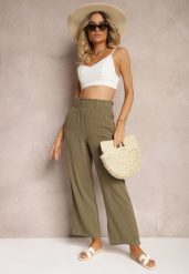 Ciemnozielone Spodnie Regular w Prążki High Waist Sallamia. Zielone jeansy Renee, m, bez wzorów, z jeansu, eleganckie, z podwyższonym stanem. W wyprzedaży za 47.99 zł.