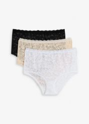 Koronkowe figi z wysokim stanem (3 pary). Czarne figi bonprix, bez wzorów, z koronki, z podwyższonym stanem. Za 79.99 zł.