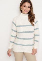 Beżowo-Zielony Sweter z Wiskozą w Paski Dintia. Zielone swetry Born2be, uniwersalny, bez wzorów, z jeansu, eleganckie, bez ramiączek. W wyprzedaży za 59.49 zł.