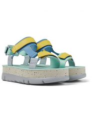 Camper Skórzane sandały w kolorze turkusowo-żółto-błękitnym na obcasie rozmiar: 40. Niebieskie sandały Camper, bez wzorów, ze skóry, z otwartym noskiem, bez obcasa, na koturnie, bez zapięcia. Za 260.99 zł.