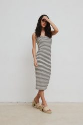 Sukienka na ramiączkach z prążkowanej dzianiny w kolorze BLACK & BEIGE - BARBADOS-XS/S. Brązowe sukienki Marsala, s, bez wzorów, z bawełny, bez kołnierzyka, bez ramiączek, midi. W wyprzedaży za 155.94 zł.