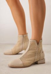 Beżowe Plecione Botki z Wkładką ze Skóry Naturalnej Nadelle. Brązowe botki Renee, bez wzorów, z jeansu, boho, bez obcasa, na płaskiej podeszwie, bez zapięcia. Za 199.99 zł.