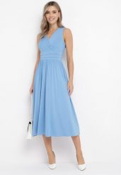 Jasnoniebieska Sukienka Midi Bez Rękawów z Plisowanym Dołem Dreana. Niebieskie sukienki Born2be, na imprezę, l, bez wzorów, eleganckie, bez kołnierzyka, bez ramiączek, midi, plisowane. W wyprzedaży za 146.99 zł.