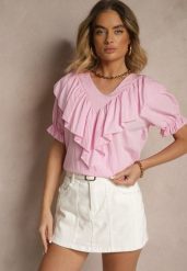 Różowa Bluzka z Wiskozą Ozdobiona Falbankami Fadelena. Czerwone bluzki Renee, bez wzorów, z jeansu, bez kołnierzyka, bez ramiączek. W wyprzedaży za 55.99 zł.