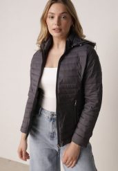 Szara Pikowana Kurtka Przejściowa z Kapturem z Lamówką i Ściągaczami Zidara. Szare kurtki Born2be, l, bez wzorów, z dresówki, z kapturem. Za 84.99 zł.