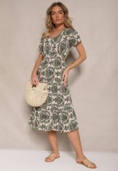Ciemnozielona Rozkloszowana Sukienka z Bawełny z Gumką w Talii Desanita. Zielone sukienki Renee, na co dzień, l, bez wzorów, z bawełny, eleganckie, bez kołnierzyka, bez ramiączek, midi, kopertowe. W wyprzedaży za 43.99 zł.