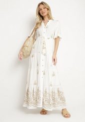 Biała Wiskozowa Sukienka Boho o Rozkloszowanym Kroju z Haftem i Wiązaniem Lilvanis. Białe sukienki Born2be, na co dzień, l, bez wzorów, z jeansu, boho, bez kołnierzyka, bez ramiączek, maxi, rozkloszowane. W wyprzedaży za 144.49 zł.
