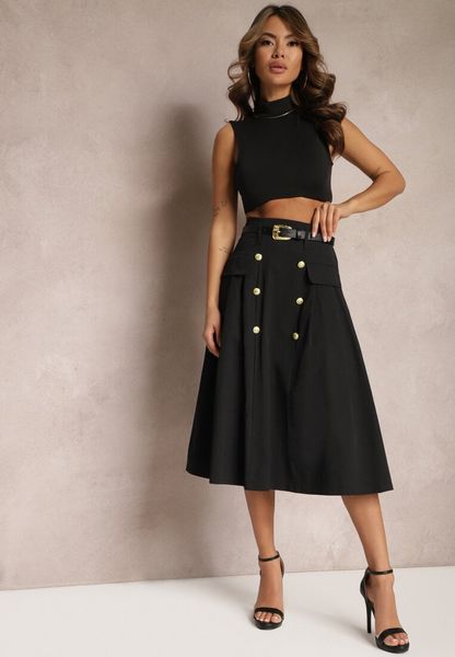 Czarna Rozkloszowana Midi Spódnica z Paskiem z Ekoskóry i Ozdobnymi Guzikami Lidias. Czarne spódnice Renee, m, bez wzorów, midi, rozkloszowane. Za 139.99 zł.