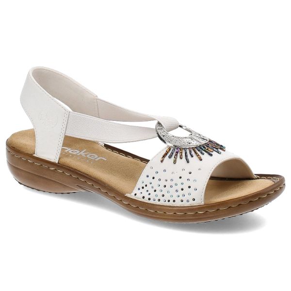 Białe Sandały Rieker Eleganckie Wsuwane Obuwie Damskie. Białe sandały Rieker, bez wzorów, z materiału, eleganckie, bez obcasa, bez zapięcia. Za 199.00 zł.