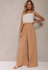 Beżowe Szerokie Spodnie z Plisami High Waist Mirealli. Brązowe jeansy Renee, l, bez wzorów, z jeansu, z podwyższonym stanem. W wyprzedaży za 47.99 zł.