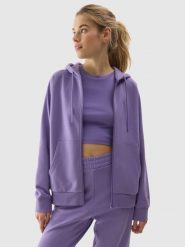 4F Bluza dresowa rozpinana z kapturem damska - fioletowa M. Fioletowe bluzy 4f, l, bez wzorów, z bawełny, z kapturem. W wyprzedaży za 79.99 zł.
