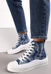 Granatowe Trampki z Cholewką za Kostkę w Stylu Denimu Galpena. Niebieskie trampki Renee, bez wzorów, z denimu, eleganckie, za kostkę, bez zapięcia. W wyprzedaży za 27.99 zł.