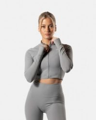 Damska krótka bluza rozpinana LuxForm na fitness i pilates – szary. Szare bluzy AESTHETIC WOLF, l, bez wzorów, z materiału, biznesowe, bez ramiączek, bez kaptura. Za 239.99 zł.
