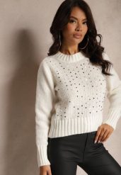 Jasnobeżowy Casualowy Sweter z Bawełną i Cekinami Savintha. Brązowe swetry Renee, z aplikacjami, z bawełny, casualowe, bez ramiączek. W wyprzedaży za 63.99 zł.