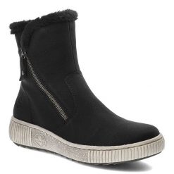 Czarne Botki Rieker Ocieplane Buty Damskie. Czarne botki Rieker, bez wzorów, z syntetyku, eleganckie, bez obcasa, na platformie, bez zapięcia. Za 299.00 zł.