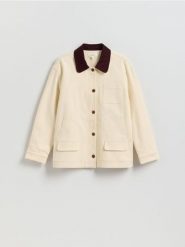 Bawełniana kurtka z kołnierzem - złamana biel. Kurtki Reserved, l, bez wzorów, z bawełny, bez kaptura. Za 299.99 zł.