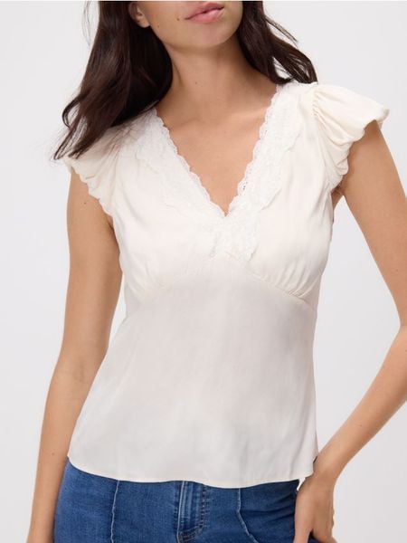 Bluzka z wiskozy - złamana biel. Bluzki Reserved, l, bez wzorów, z tkaniny, bez kołnierzyka, bez ramiączek. W wyprzedaży za 69.99 zł.