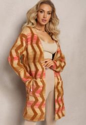 Ciemnobeżowy Luźny Kardigan Niezapinany w Geometryczny Print Sheshy. Brązowe swetry Renee, bez wzorów, z dzianiny, eleganckie, bez ramiączek. W wyprzedaży za 111.99 zł.