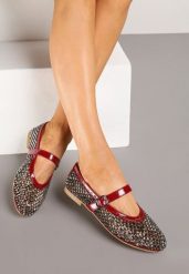 Czerwone Siateczkowe Balerinki z Paskiem z Błyszczącymi Cyrkoniami Lisabia. Czerwone baleriny Renee, z aplikacjami, z jeansu, eleganckie, bez obcasa, bez zapięcia. Za 99.99 zł.