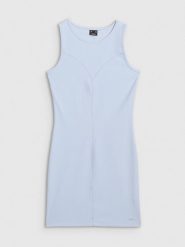 4F Sukienka mini z prążkowanej dzianiny damska - niebieska L. Niebieskie sukienki 4f, na co dzień, l, bez wzorów, z dzianiny, eleganckie, bez kołnierzyka, bez ramiączek, maxi, dopasowane. W wyprzedaży za 99.99 zł.