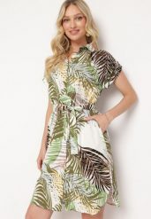 Zielona Bawełniana Sukienka Zapinana na Guziki z Materiałowym Paskiem Opilla. Zielone sukienki Born2be, na imprezę, l, bez wzorów, z bawełny, eleganckie, bez kołnierzyka, bez ramiączek, midi, dopasowane. W wyprzedaży za 76.49 zł.