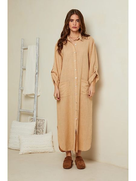 Rodier Lin Lniana sukienka w kolorze beżowym rozmiar: XL/XXL. Brązowe sukienki Rodier Lin, na co dzień, xl, bez wzorów, ze lnu, bez kołnierzyka, bez ramiączek, maxi, proste. Za 211.95 zł.