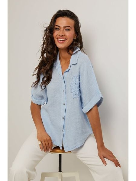 Le Monde du Lin Lniana bluzka w kolorze błękitnym rozmiar: 36/38. Niebieskie bluzki Le Monde du Lin, bez wzorów, ze lnu, klasyczne, bez kołnierzyka, bez ramiączek. Za 126.75 zł.