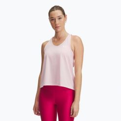 Top treningowy damski Under Armour Tech Swing Tank prime pink/white. Czerwone topy Under Armour, bez wzorów, bez kołnierzyka, bez ramiączek. Za 73.99 zł.