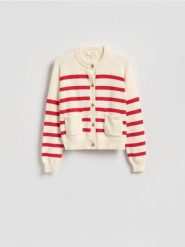 Bawełniany kardigan w paski - czerwony. Czerwone swetry Reserved, l, bez wzorów, z bawełny, bez ramiączek. Za 199.99 zł.