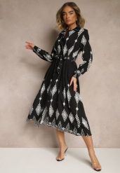 Czarna Sukienka z Wiskozą Ozdobiona Geometrycznym Motywem i Paskiem Folmara. Czarne sukienki Renee, na co dzień, l, bez wzorów, z jeansu, eleganckie, bez kołnierzyka, bez ramiączek, maxi. W wyprzedaży za 107.99 zł.