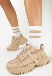 Ciemnobeżowe Sneakersy z Tłoczeniami i Amortyzującą Wkładką Funzea. Brązowe buty sportowe lifestyle Born2be, z aplikacjami, z jeansu, eleganckie, z okrągłym noskiem, bez zapięcia. W wyprzedaży za 110.49 zł.
