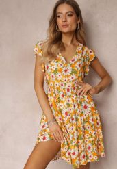 Żółta Taliowana Sukienka Mini w Kwiaty z Gumką w Talii Teziovi. Żółte sukienki Renee, m, bez wzorów, z wiskozy, bez kołnierzyka, bez ramiączek, mini. W wyprzedaży za 63.99 zł.