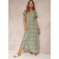 Zielona Sukienka Helamene. Zielone sukienki Renee, l, z aplikacjami, z wiskozy, boho, bez kołnierzyka, bez ramiączek, maxi. W wyprzedaży za 63.99 zł.