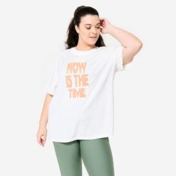 Koszulka damska Domyos Gym & Pilates oversize. Białe t-shirty sportowe DOMYOS, s, bez wzorów, z bawełny, bez ramiączek, na fitness i siłownię. Za 39.99 zł.