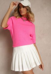 Fuksjowy Sweter o Fasonie T-shirtu z Wełną Dannirae. Czerwone swetry Renee, bez wzorów, z jeansu, casualowe, bez ramiączek. W wyprzedaży za 119.99 zł.
