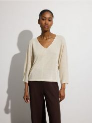 Sweter kimono z domieszką lnu - beżowy. Brązowe swetry Reserved, l, bez wzorów, z dzianiny, bez ramiączek. W wyprzedaży za 59.99 zł.