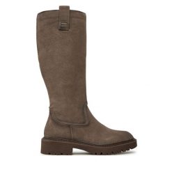 Kozaki Tamaris. Szare kozaki Tamaris, bez wzorów, bez obcasa, na płaskiej podeszwie, bez zapięcia. Za 629.99 zł.