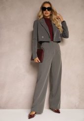Szare Szerokie Spodnie z Imitacją Kieszeni Garniturowe High Waist Iriniael. Szare jeansy Renee, l, bez wzorów, z jeansu, z podwyższonym stanem. W wyprzedaży za 80.99 zł.