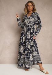Niebieska Sukienka z Koszulową Górą i Egzotycznym Printem z Wiskozy Meriviona. Niebieskie sukienki Renee, na co dzień, l, bez wzorów, z materiału, eleganckie, bez kołnierzyka, bez ramiączek, maxi, koszulowe. W wyprzedaży za 107.99 zł.