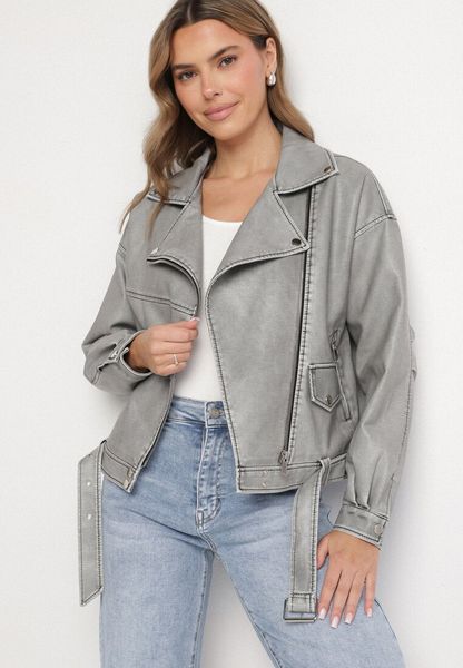 Szara Klasyczna Kurtka Ramoneska z Paskiem Nalinea. Szare kurtki Born2be, l, bez wzorów, z jeansu, eleganckie, bez kaptura. Za 219.99 zł.