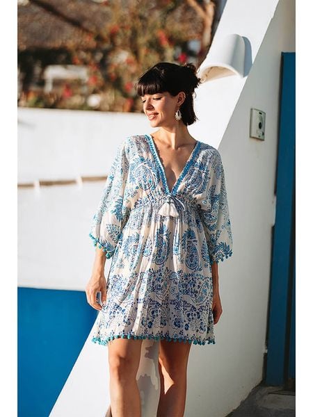 Isla Bonita by SIGRIS Sukienka w kolorze biało-błękitnym rozmiar: M. Białe sukienki Isla Bonita by SIGRIS, m, z aplikacjami, z bawełny, bez kołnierzyka, bez ramiączek, mini, rozkloszowane. Za 150.02 zł.