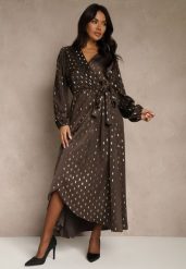 Brązowa Wiązana Sukienka o Kopertowym Kroju Zdobiona Metalicznym Printem Reinora. Brązowe sukienki Renee, na spotkanie biznesowe, l, z aplikacjami, bez kołnierzyka, bez ramiączek, maxi, kopertowe. Za 159.99 zł.