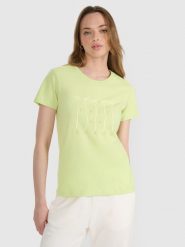 4F T-shirt regular z nadrukiem damski - żółty XS. Żółte t-shirty 4f, xs, bez wzorów, z bawełny, klasyczne, bez kołnierzyka, bez ramiączek. Za 59.99 zł.