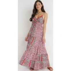Różowa Sukienka z Wiskozy Zhihes. Czerwone sukienki Born2be, l, bez wzorów, z wiskozy, bez kołnierzyka, bez ramiączek, maxi, kopertowe. Za 139.99 zł.