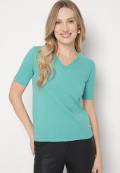 Zielona Sweterkowa Bluzka z Dekoltem w Serek Fenidea. Zielone bluzki Born2be, l, bez wzorów, z jeansu, eleganckie, bez kołnierzyka, bez ramiączek. Za 49.99 zł.