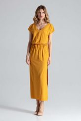 Musztardowa Sukienka Maxi z Dekoltem V. Pomarańczowe sukienki Figl, l, bez wzorów, z elastanu, wizytowe, bez kołnierzyka, bez ramiączek, maxi. Za 289.00 zł.