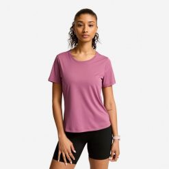 Koszulka fitness damska krótki rękaw. Fioletowe t-shirty sportowe DOMYOS, l, bez wzorów, z dzianiny, bez ramiączek, na fitness i siłownię. Za 39.99 zł.